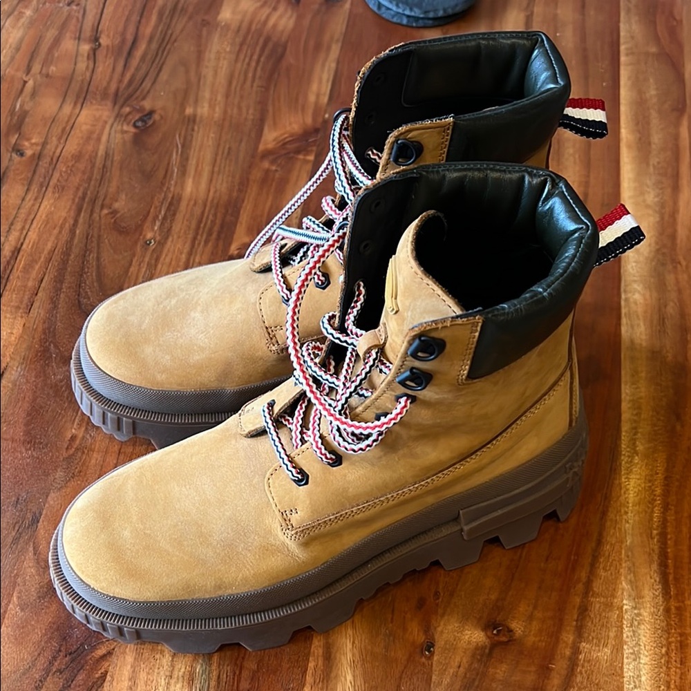 Moncler Tan Lace-Up Boots with Black Accents
